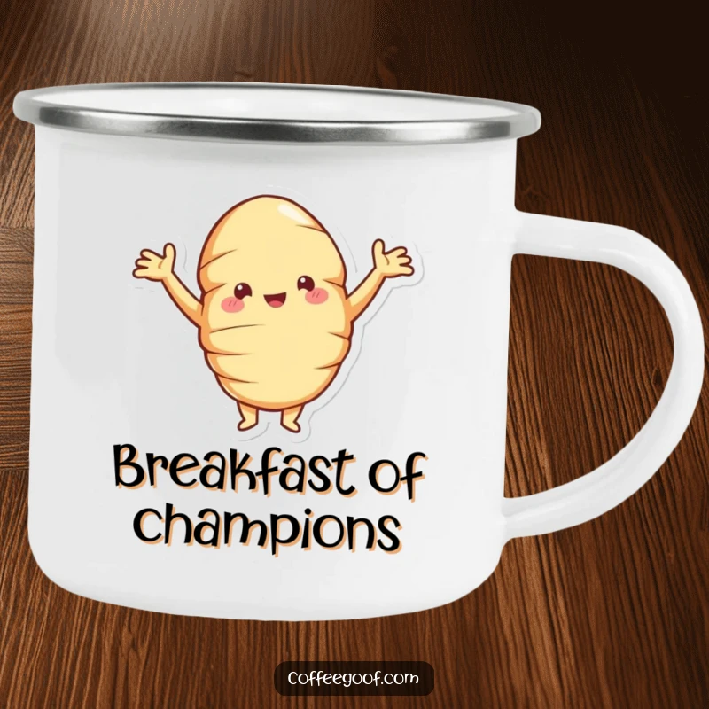 Funny croissant camping mug featuring a jolly pastry posing proudly, arms akimbo, perfect for outdoor enthusiasts who love humor.