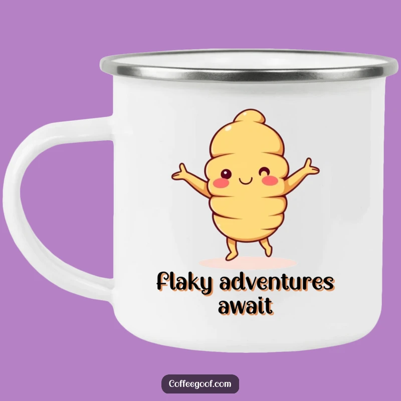 Funny Croissant Camping Mug: Happy Dancing Character, Humorous Outdoor Gift