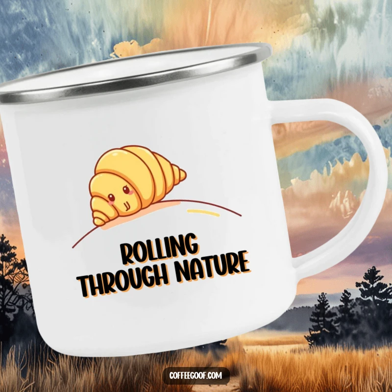 Funny Croissant Camping Mug: Cheerful croissant rolling down a gentle hill, perfect for pastry adventures and happy sips.