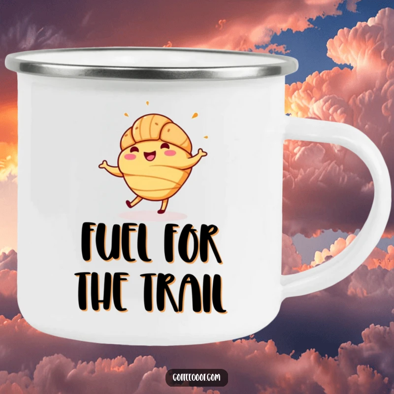 Funny camping mug showcasing a happy croissant with sprinkles performing a lively jig, ready for outdoor adventures and hot beverages.