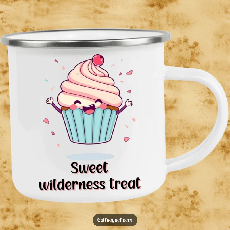 Funny camping mug with a delighted cupcake character spinning, icing flying like confetti, perfect for rugged and humorous outdoor enjoyment.