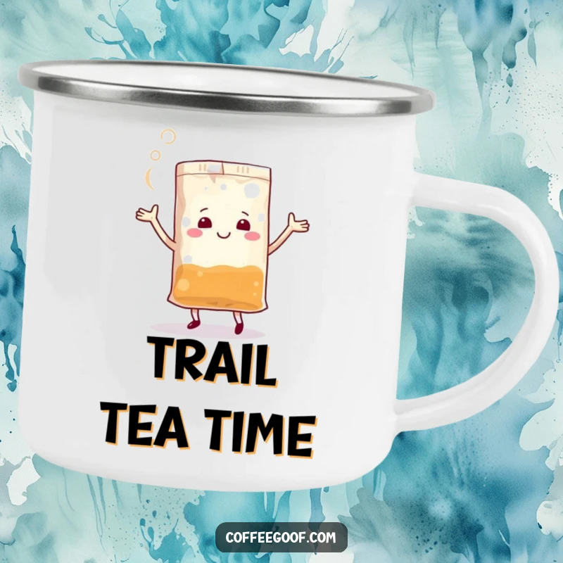 Funny Teabag Camping Mug depicting a joyful anthropomorphic teabag dancing with steam, ideal for outdoor adventures.