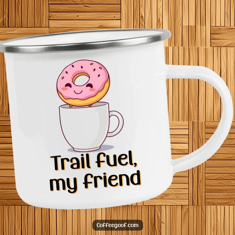 Funny camping mug showcasing a donut leaping over a steaming mug, ideal for enjoying drinks outdoors with a side of cheer.