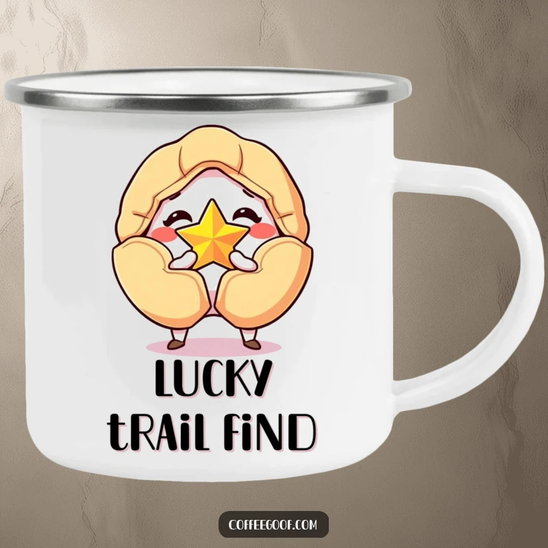 Funny camping mug with a grinning fortune cookie cracking open to reveal a golden star, for humorous and lucky outdoor drinks.