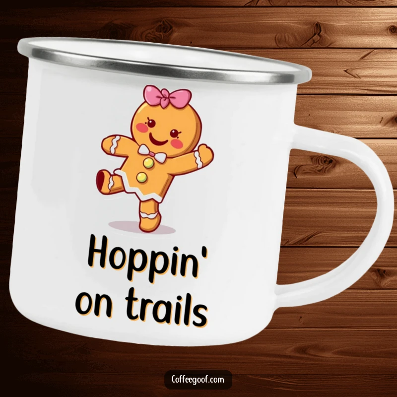 Funny cheerful gingerbread cookie character doing a happy little hop on a durable camping mug, ideal for festive outdoor moments