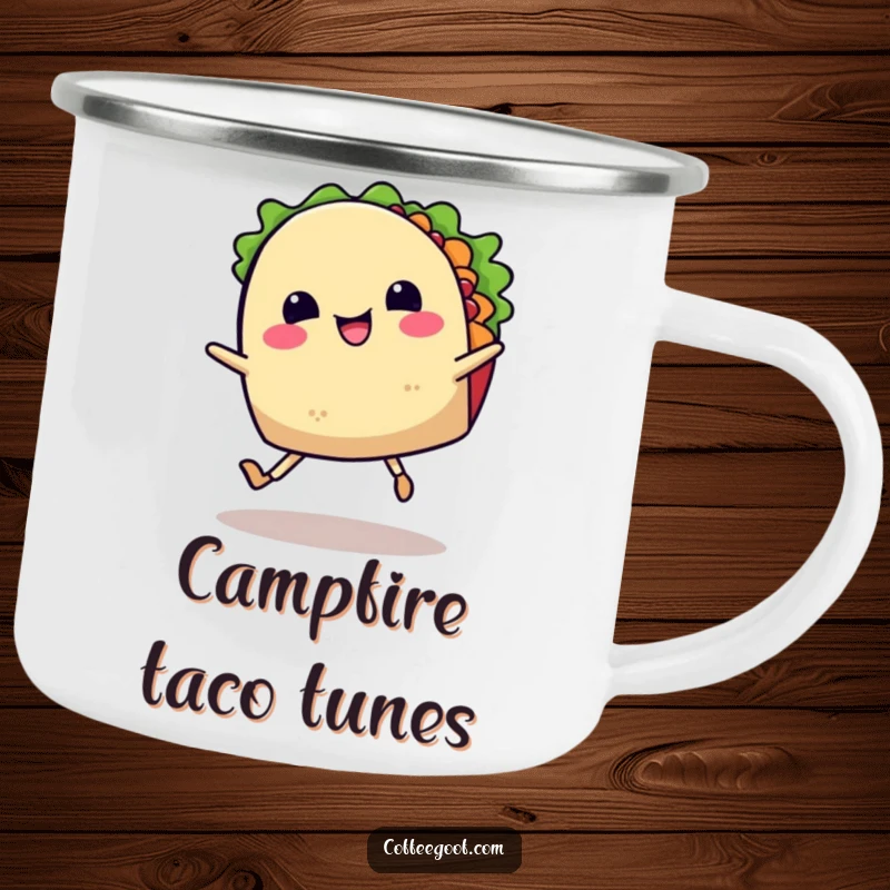 Funny camping mug illustrating a happy taco with legs dancing a jig, capturing the festive spirit of Mexican cuisine for outdoor enthusiasts.