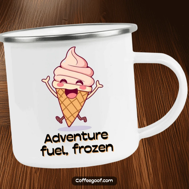 Funny ice cream camping mug with an excited cone doing a happy bounce, perfect for enjoying drinks with sweet fun.