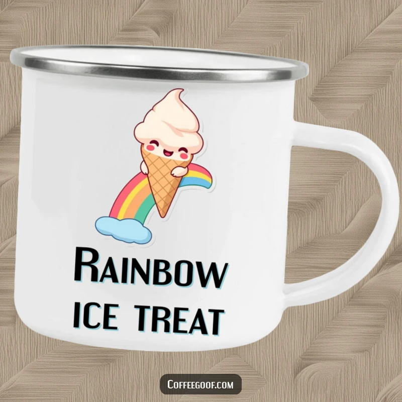 Funny Ice Cream Camping Mug depicting a smiling anthropomorphic ice cream cone sliding down a rainbow, perfect for outdoor adventures.