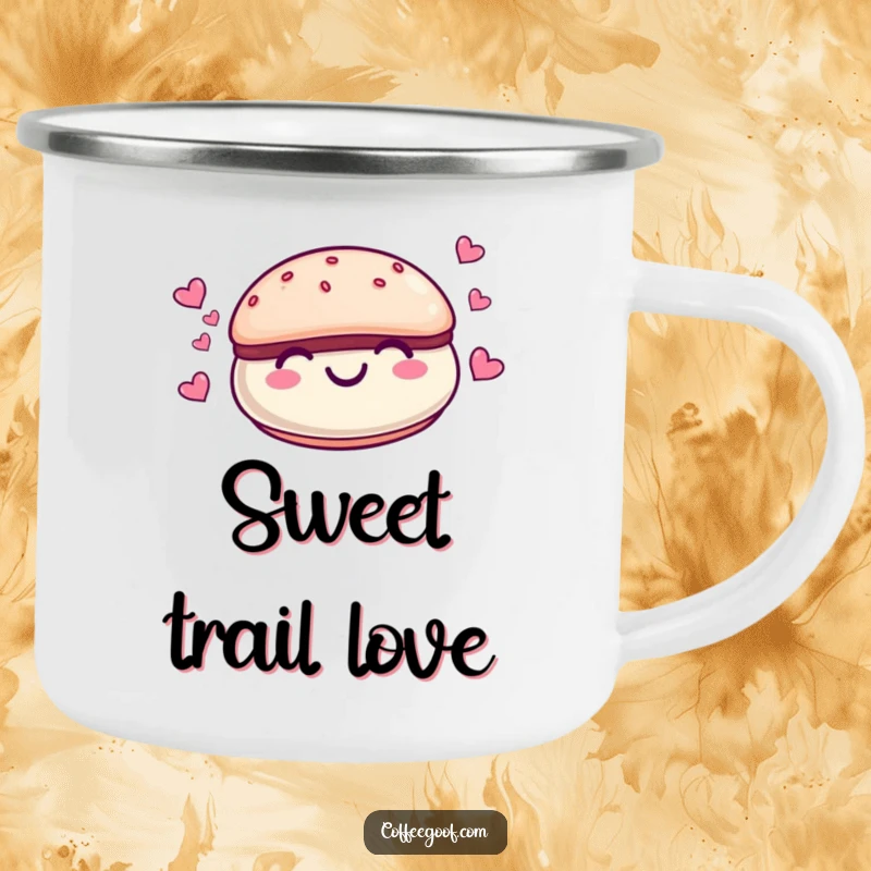 Funny smiling macaroon character with tiny hearts floating around it on a durable camping mug, perfect for sweet outdoor moments