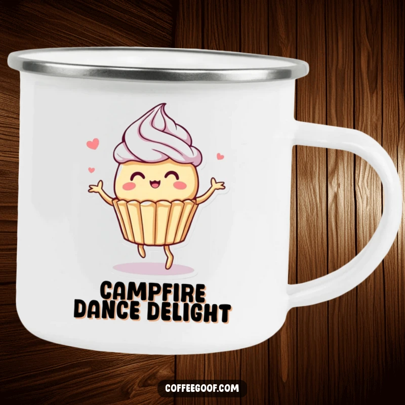 Funny camping mug featuring a whimsical muffin character dancing with frosting swirls, perfect for enjoying treats in the wild.