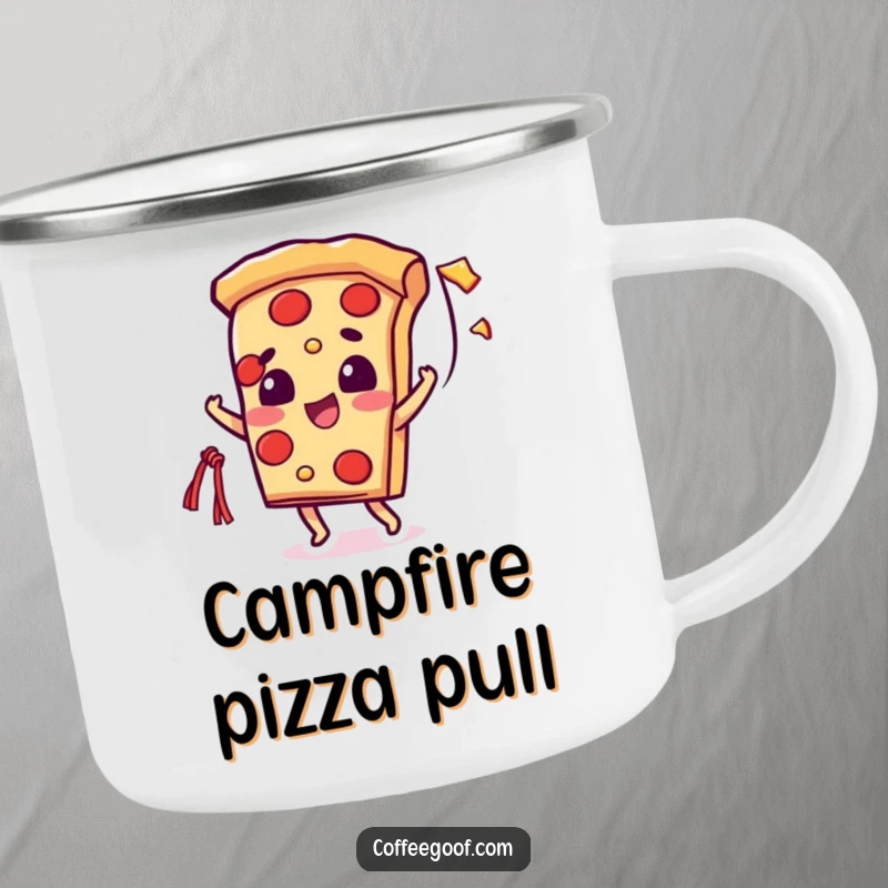 Funny enamel camping mug featuring a beaming pizza slice character tossing a string of cheese, ideal for outdoor enjoyment.