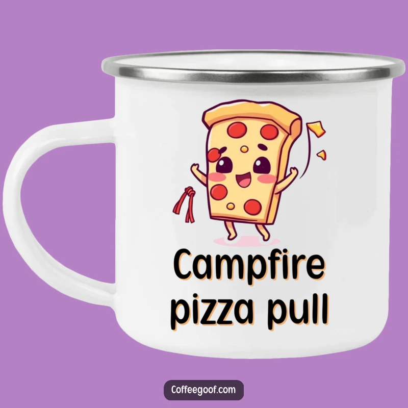 Funny Pizza Cheese String Camping Mug: Beaming Slice Character - Outdoor Italian Gift