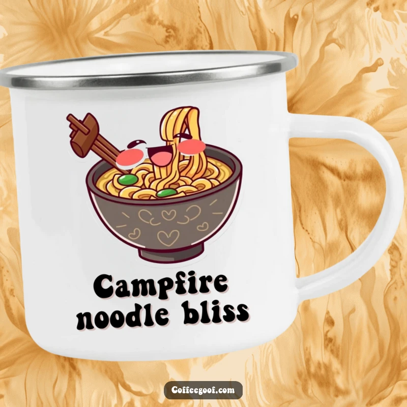 Funny camping mug with a gleeful ramen bowl character slurping noodles, perfect for humorous enjoyment during outdoor adventures.