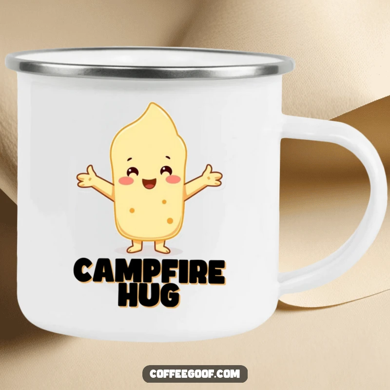 Funny Scone Camping Mug with a cheerful character offering a warm embrace, perfect for cozy outdoor drinks.