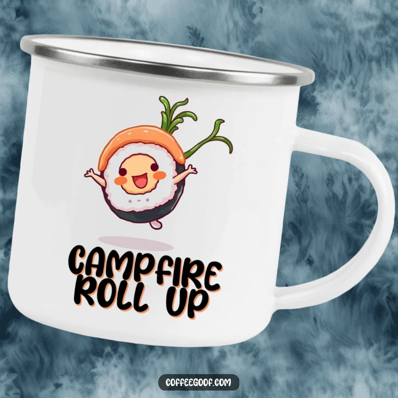 Funny Sushi Camping Mug: A sushi roll character doing a cartwheel, perfect for adding a fun, food-loving touch to camping.
