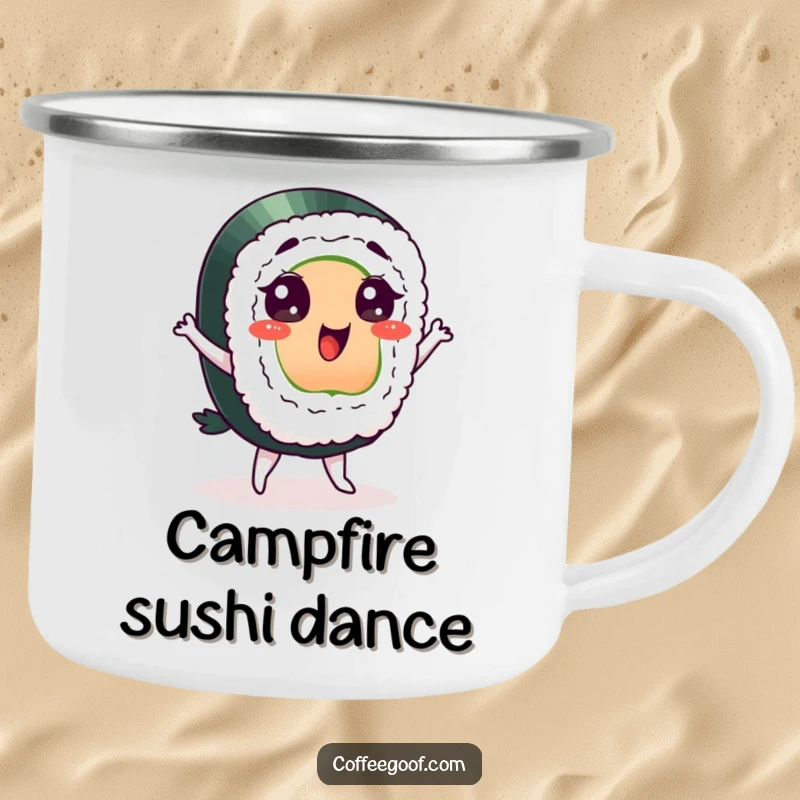 Funny sushi camping mug, a delighted character doing a silly dance, perfect for outdoor adventures and enjoying hot beverages.