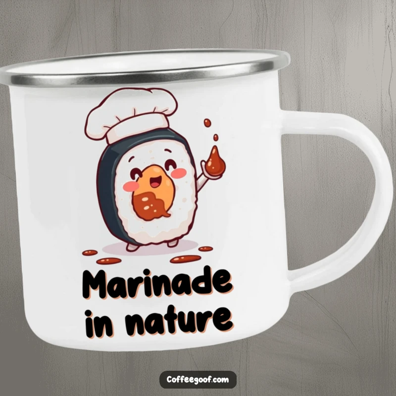 Funny camping mug with a sushi roll chef juggling soy sauce, designed for outdoor use and bringing laughter around the campfire.