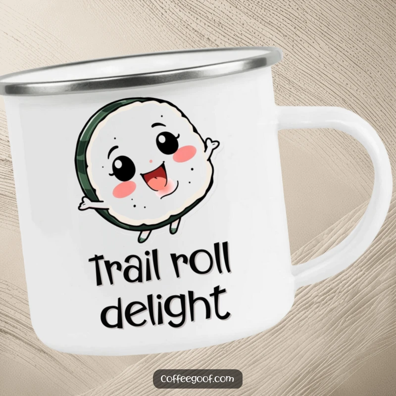 Funny Sushi Spin Camping Mug with a smiling sushi character happily spinning, perfect for enjoying beverages with a playful and fun touch outdoors.