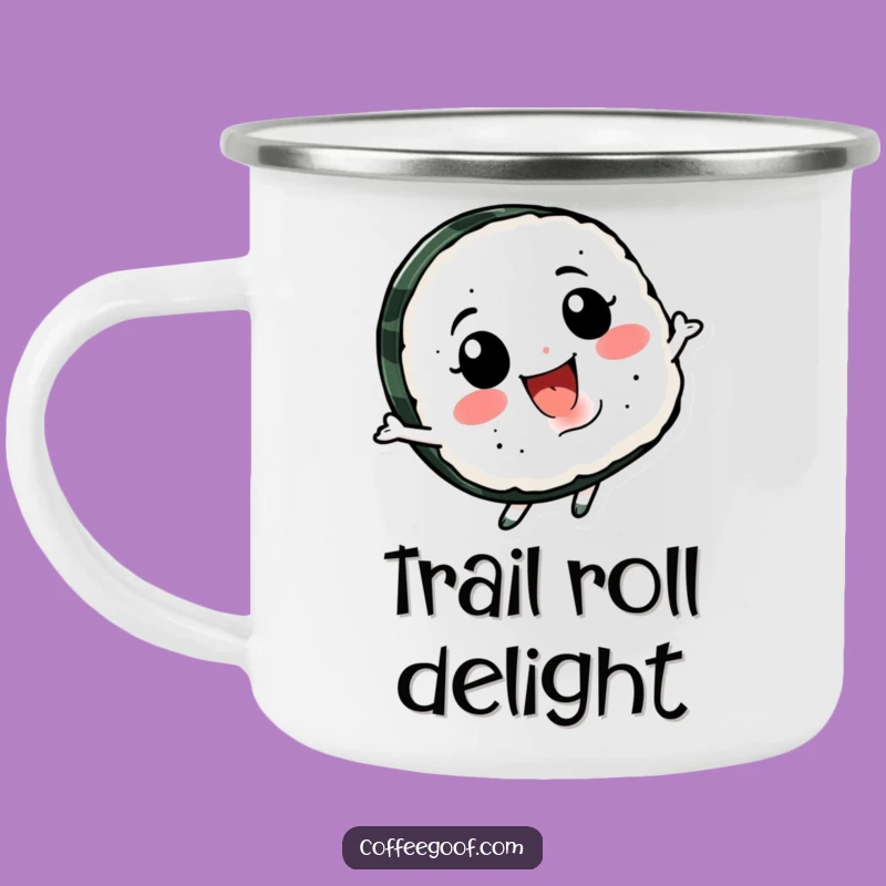 Funny Sushi Spin Camping Mug: Smiling Character for Outdoor Fun