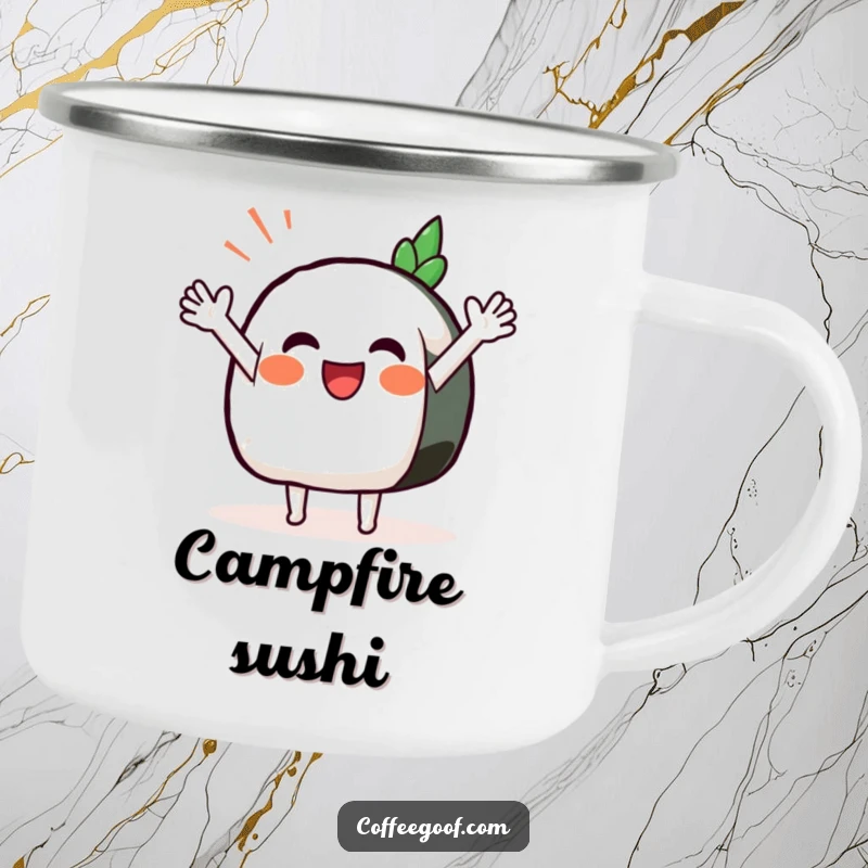 Funny Sushi Camping Mug depicting a smiling anthropomorphic sushi with outstretched arms waving happily, perfect for outdoor adventures.