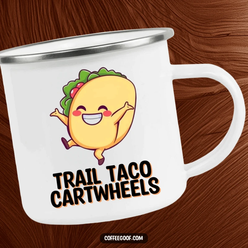 Funny taco camping mug, a smiling character doing a cartwheel, perfect for outdoor adventures and enjoying hot beverages.
