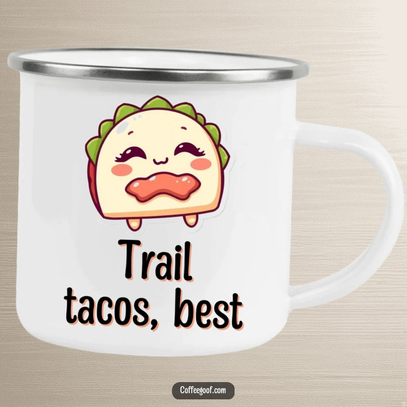 Funny Camping Mug showing a giggling taco with its filling peeking out, perfect for outdoor fun and as a spicy, funny gift.