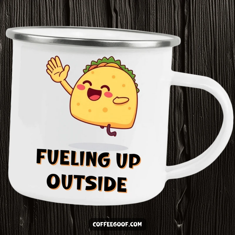 Funny camping mug showing a taco with legs excitedly giving a high-five, perfect for enjoying beverages around the campfire with a smile.