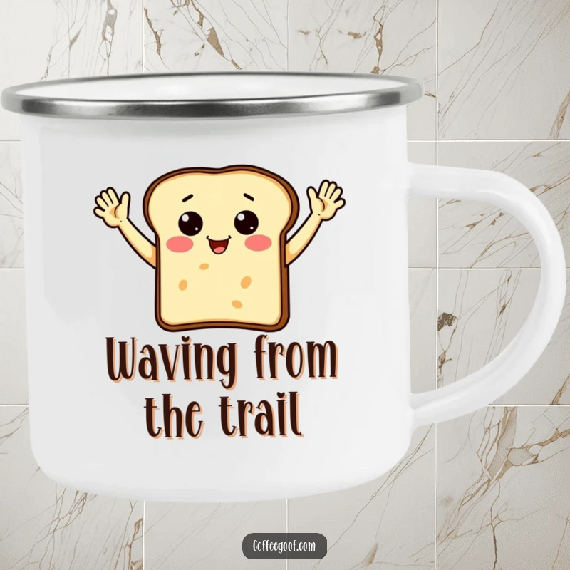 Funny piece of toast character enthusiastically waving, printed on a durable camping mug.