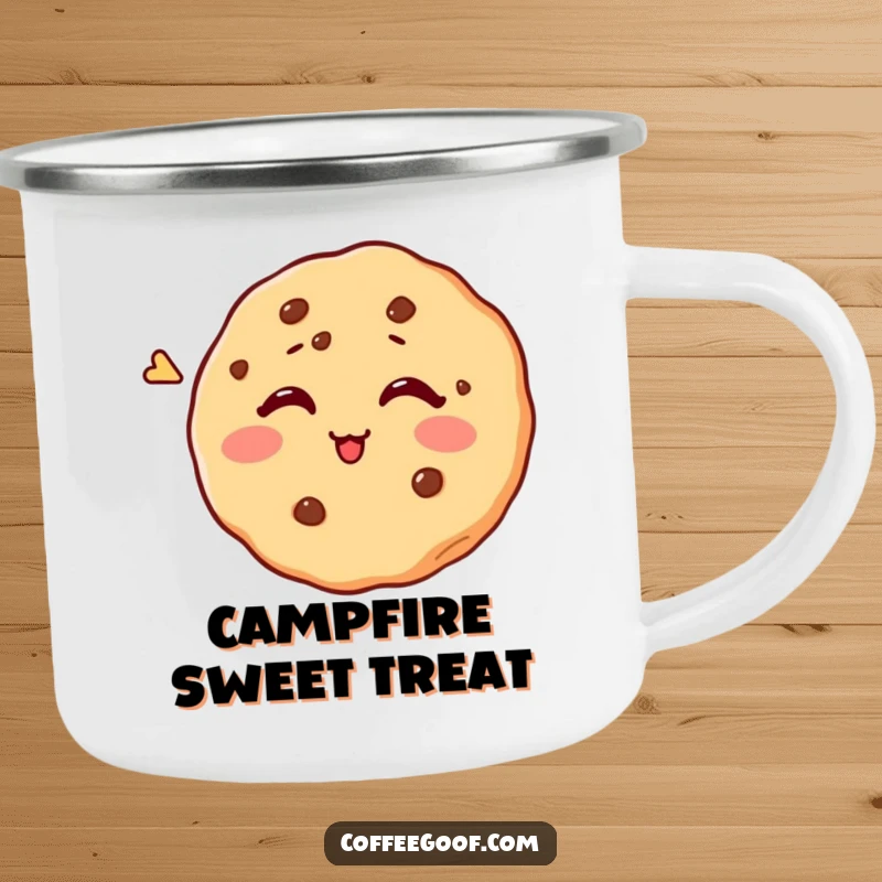 Funny camping mug displaying a playful cookie attempting a humorous wink, ready for your adventures.