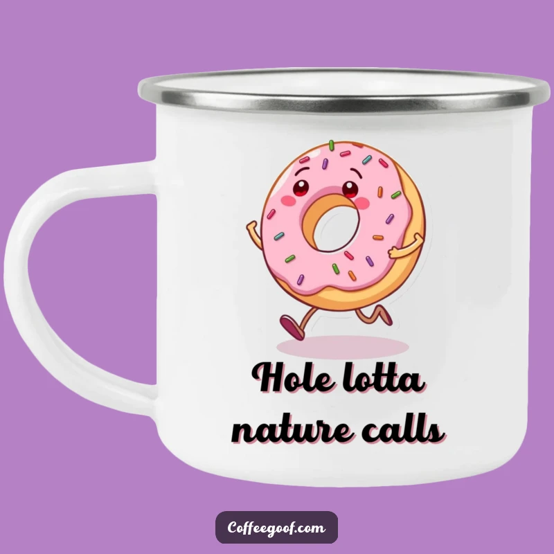 Funny Donut Camping Mug: Grinning Character, Humorous Outdoor Sweet Gift