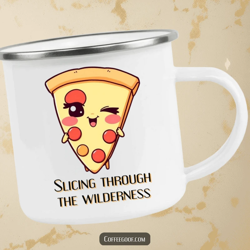 Funny Pizza Camping Mug: A giggling slice of pizza character with a mischievous wink, perfect for rugged outdoor use.