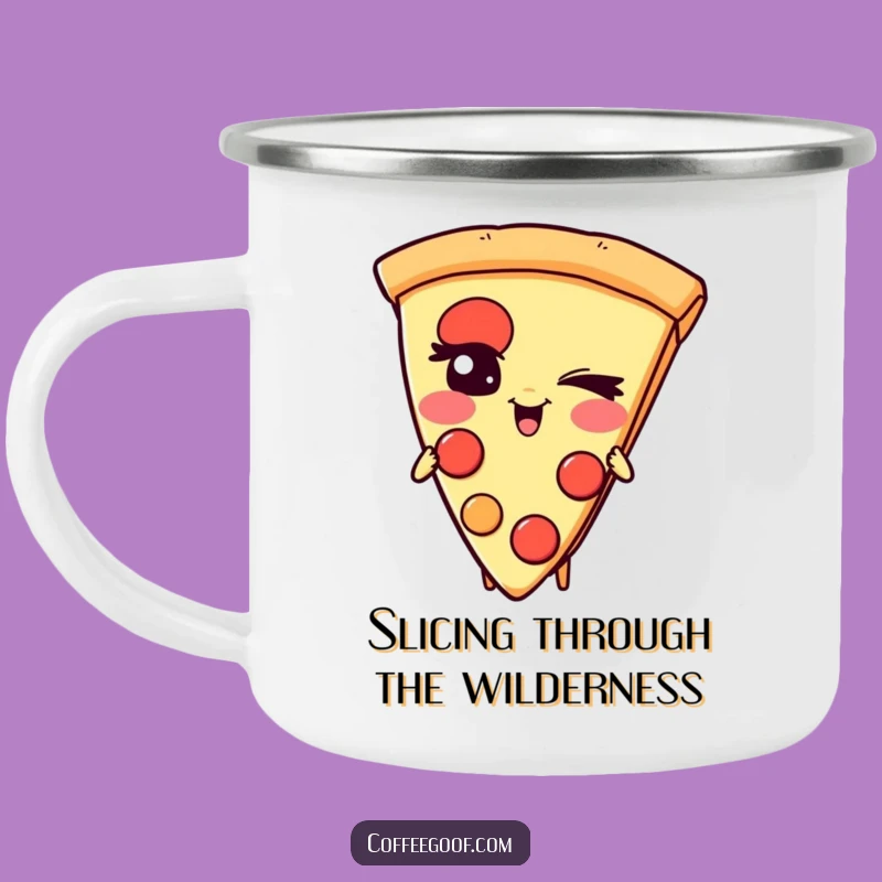 Funny Pizza Camping Mug: Giggling Slice Character, Humorous Outdoor Gift