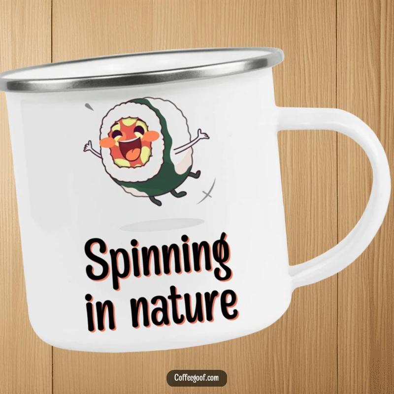 Funny Sushi Roll Camping Mug: Excited sushi roll in a wobbly spin, perfect for foodie adventures and happy sips.
