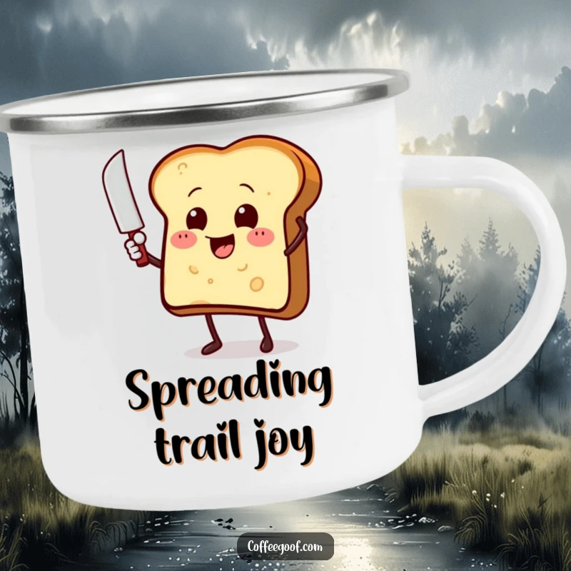 Funny toast character with a butter knife, waving enthusiastically on a sturdy camping mug, ideal for outdoor humor