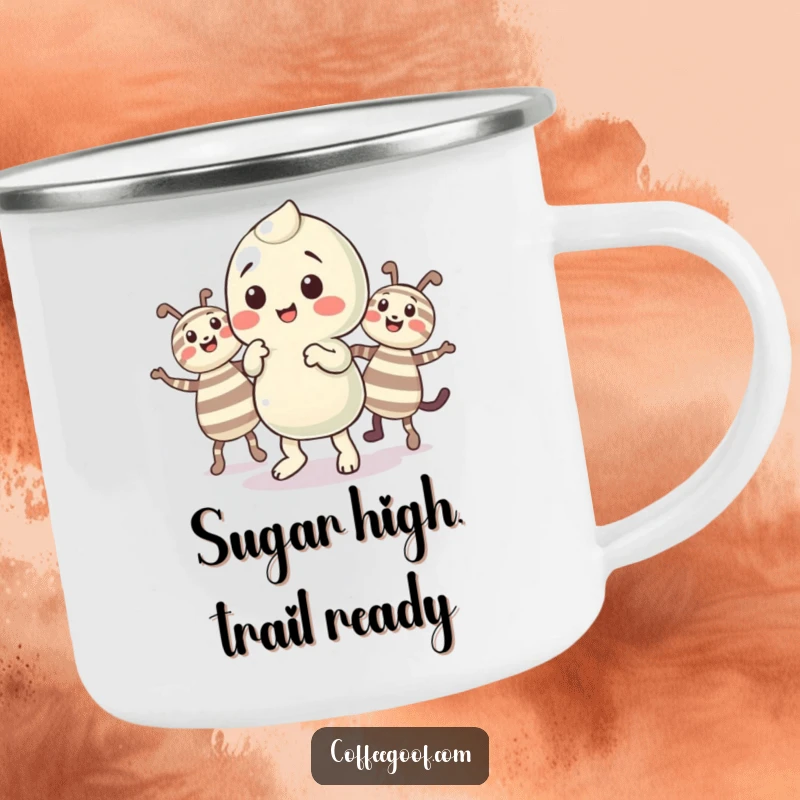 Funny Candy Camping Mug showcasing a playful candy character doing a little jig with its striped companions outdoors.