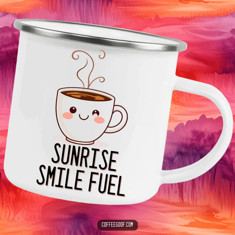 Funny coffee cup with steam forming a cheerful smiley face, printed on a durable camping mug.