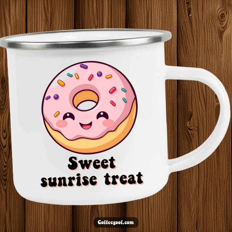 Funny camping mug featuring a smiling donut character with scattered, bouncing sprinkles, perfect for enjoying treats in the wild.
