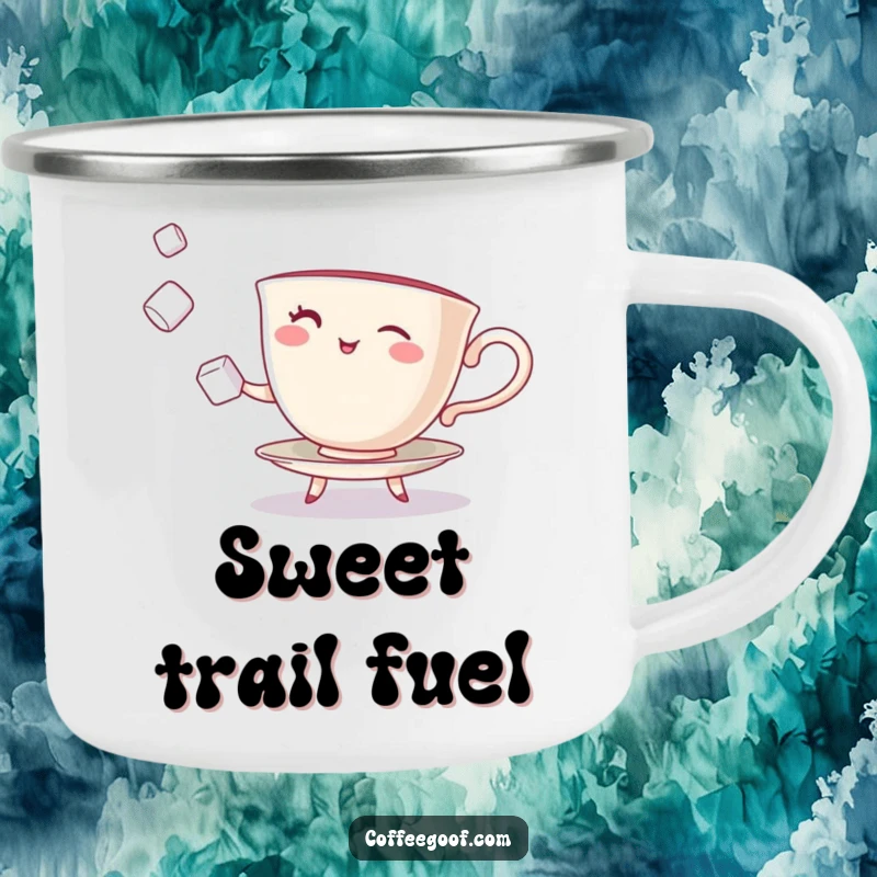 Funny Teacup Camping Mug with a winking character juggling sugar cubes, perfect for playful outdoor enjoyment.