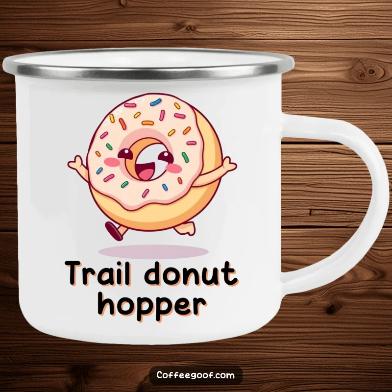 Funny hopping donut with bouncing sprinkles on a rugged camping mug, perfect for enjoying sweet beverages outdoors.