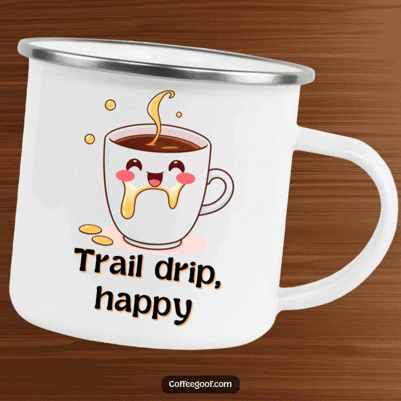 Funny Camping Mug showing a happy coffee cup character spilling cheerfully, perfect for outdoor fun and as a funny gift.