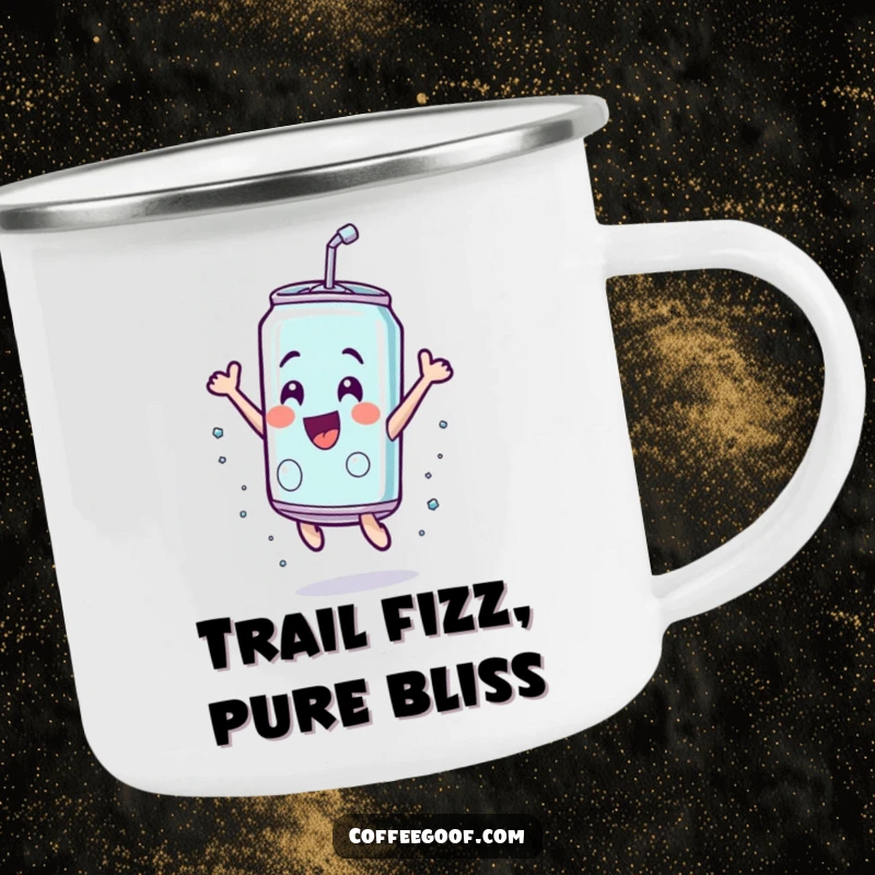 Funny soda can camping mug, leaping with exhilaration, designed for outdoor adventures and bringing a humorous vibe.