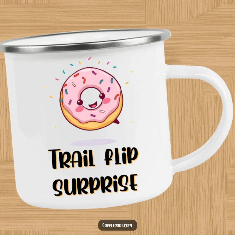 Funny camping mug illustration of a smiling donut doing a cartwheel, sprinkles flying. Ideal outdoor drinkware for adding sweetness and humor.