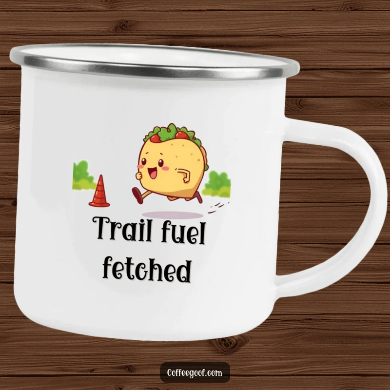 Funny camping mug illustration of a taco with legs sprinting towards a finish line. Ideal outdoor drinkware for adding humor to adventures.