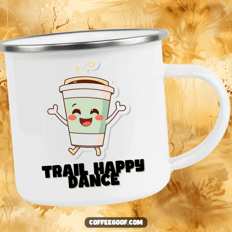 Funny coffee cup camping mug, a happy character bouncing with enthusiasm, perfect for enjoying drinks by the campfire.
