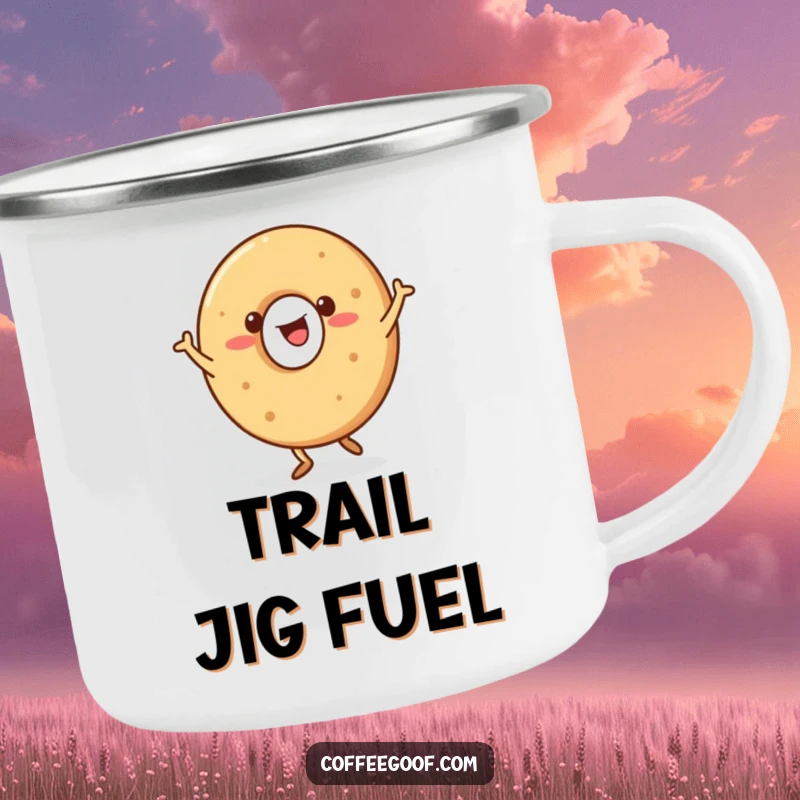Funny Bagel Camping Mug with a happy bagel character doing a jig, perfect for cheerful outdoor enjoyment.