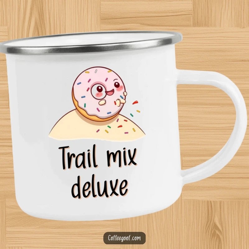 Funny enamel camping mug featuring a giggling donut character rolling downhill, scattering sprinkles, ideal for outdoor enjoyment.