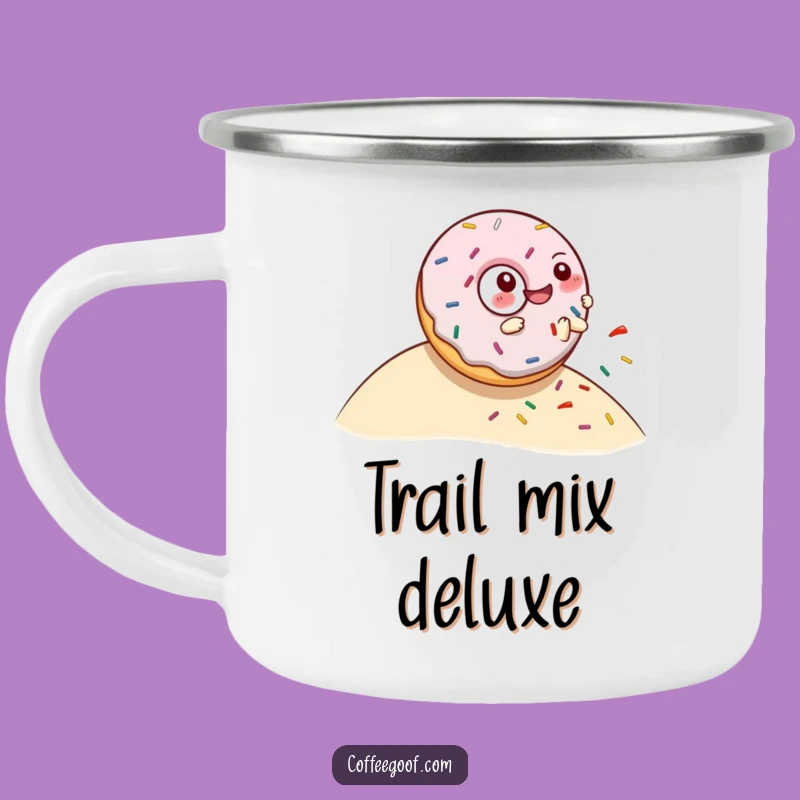 Funny Donut Rolling Hill Camping Mug: Giggling Character Spills Sprinkles - Outdoor Treat Gift