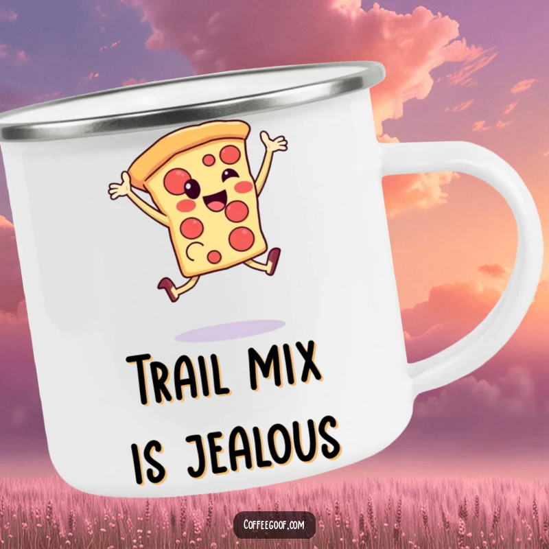Funny Camping Mug: A happy pizza slice leaps joyfully, perfect for outdoor enthusiasts who enjoy humor with their drinks.