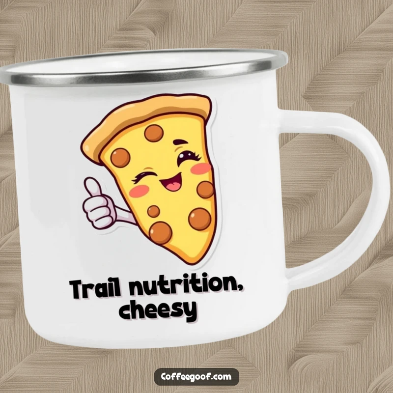 Funny pizza camping mug with a winking slice giving a thumbs-up, perfect for enjoying drinks on the go with cheesy fun.