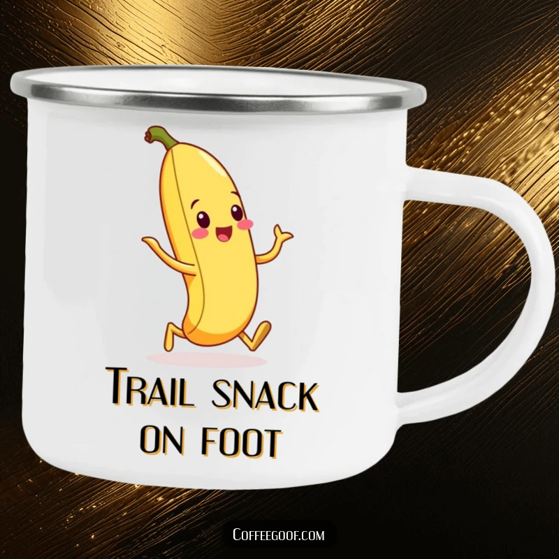 Funny camping mug displaying a cheerful banana peel doing a comical silly walk, ready for outdoor fun.